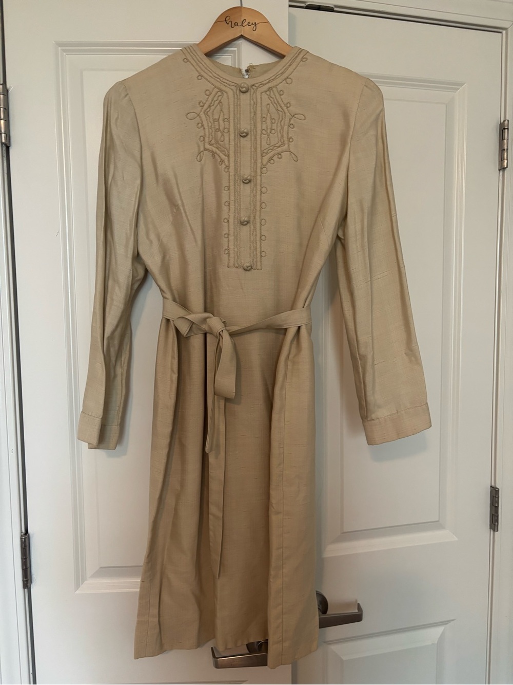 Vintage 60s Neiman Marcus Cream Silk Soutache Embroidered Shift Dress + Belt